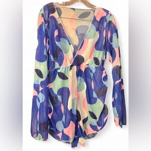 Shiloh Retro Print Colorful Mesh Swim Cover Up Romper Adjustable Strings Size XL